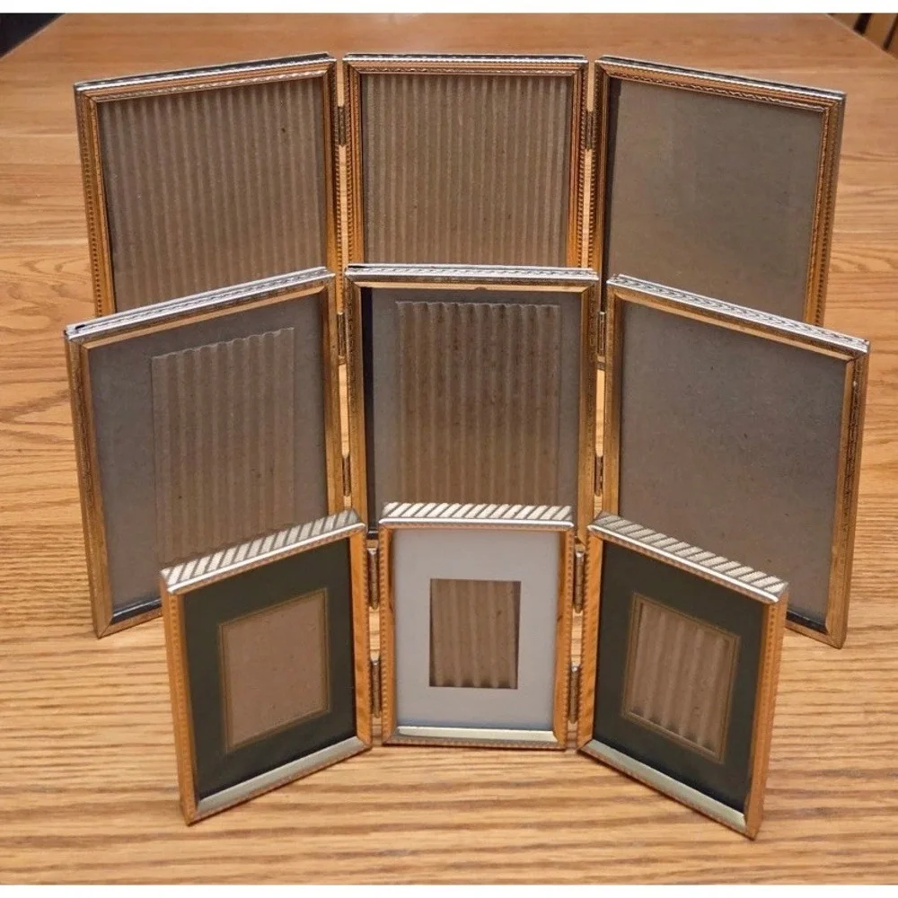 Tri Fold Picture Frame Photo Gold Tone Metal Hinged Vintage Lot Of 3 Cottagecore